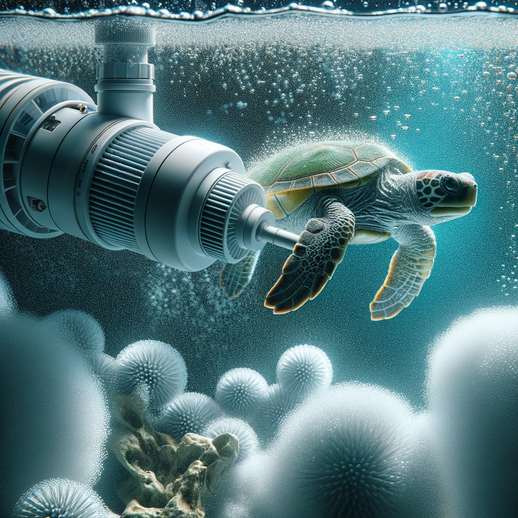 Efficient turtle tank filtration using foam fractionators, showcasing aquarium filtration efficiency and clear water, highlighting foam fractionator benefits for improving turtle tank filtration systems.