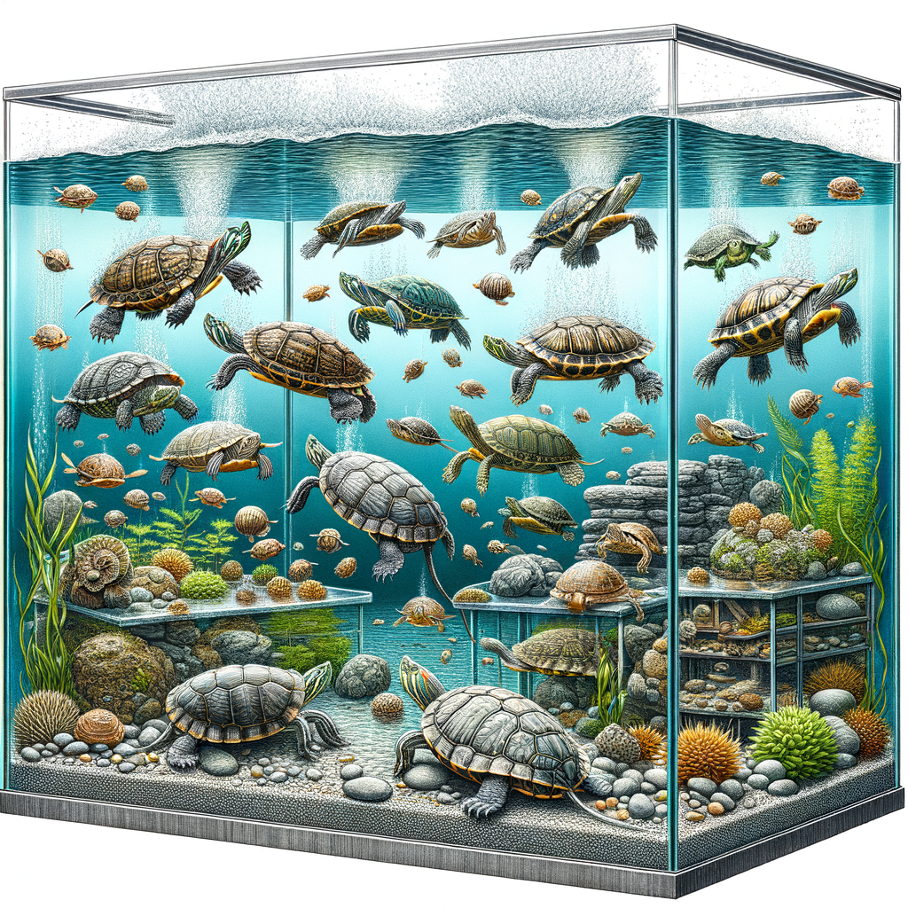Various types of turtles thriving underwater in fully submerged turtle tanks, showcasing optimal water conditions and proper turtle tank setup for underwater living.