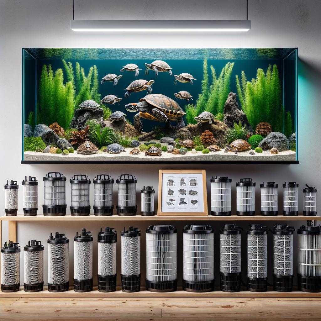 Top-rated turtle tank filters displayed beside a pristine 50-gallon indoor aquatic turtle tank setup, showcasing an ideal turtle habitat for easy maintenance.