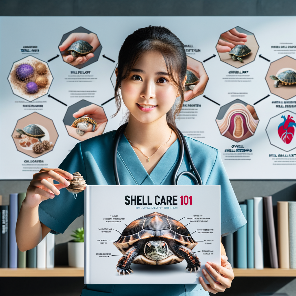 Veterinarian providing shell care tips for turtles, demonstrating shell rot causes and treatments, shell shedding process, and shell health maintenance, with 'Shell Care 101' book and infographics on preventing shell rot and shell shedding.