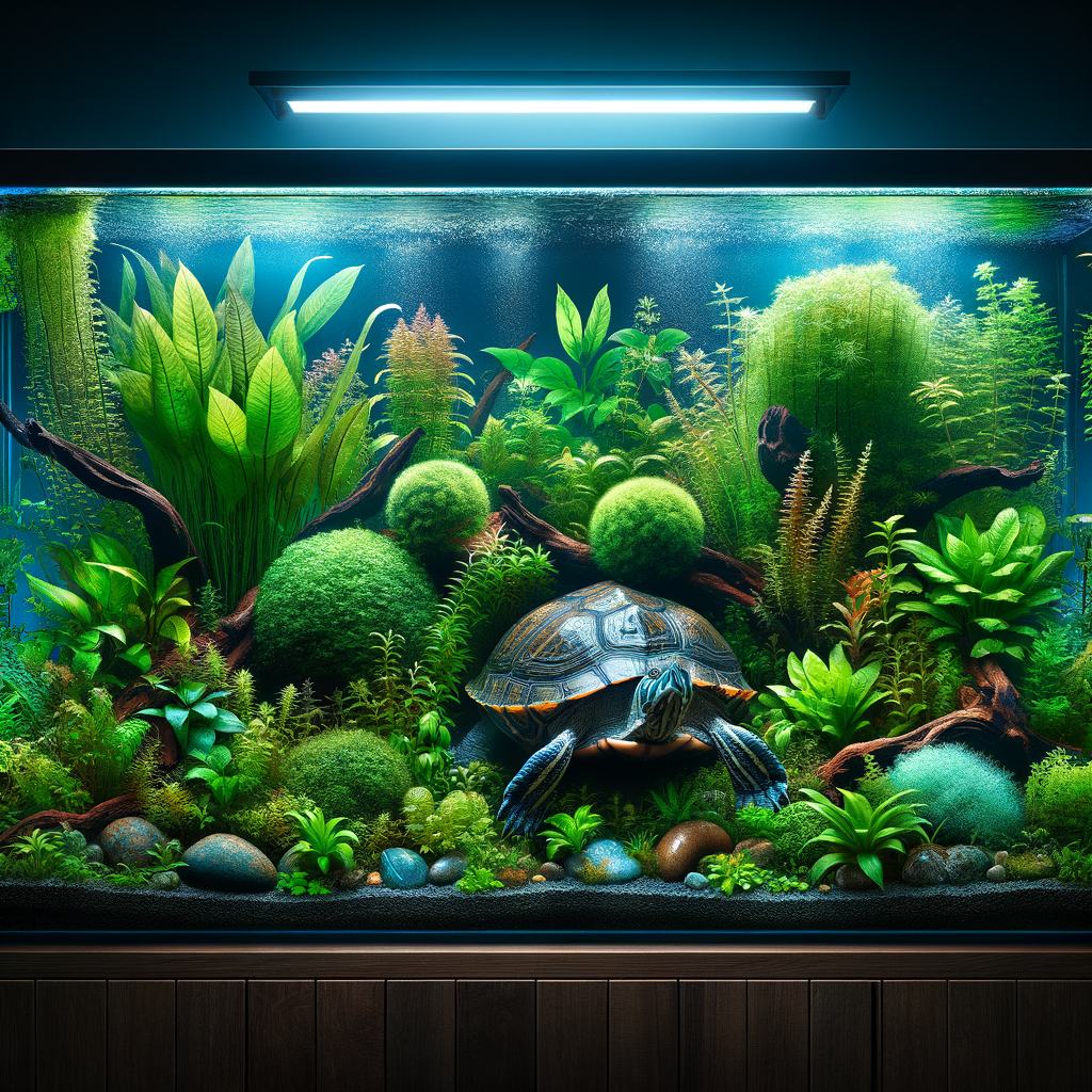 Aquatic ambiance in a turtle tank setup showcasing best plants for turtle tanks, enhancing turtle habitats with vibrant aquarium plants for turtles.