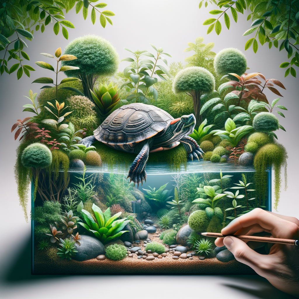 Healthy turtle enjoying lush, turtle-friendly plants in a well-maintained aquatic habitat, demonstrating successful cohabitation and the importance of greenery in turtle tanks.