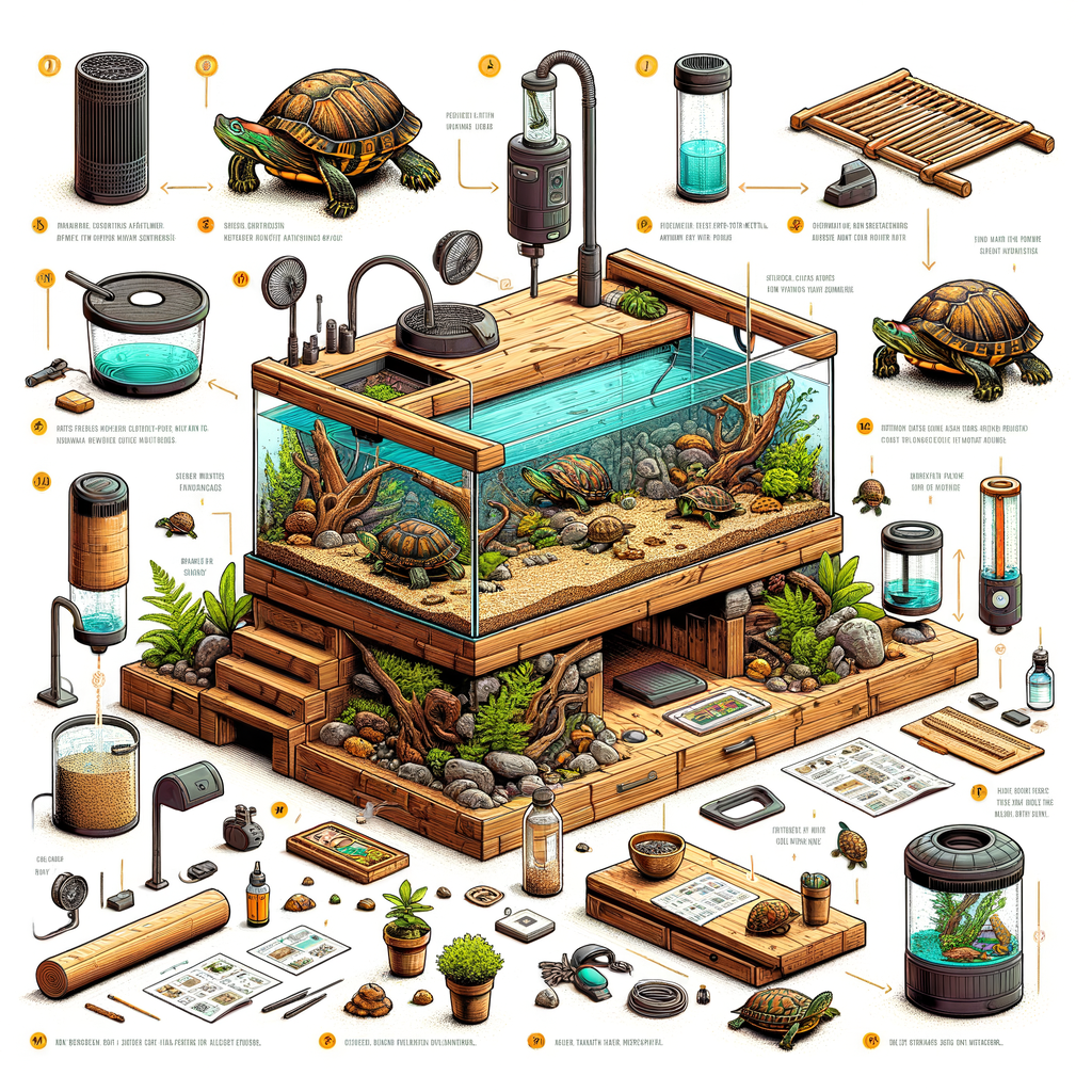 Step-by-step turtle tank setup guide illustrating the process of creating the perfect turtle tank, featuring essential turtle tank equipment and detailed setup instructions for a turtle habitat.