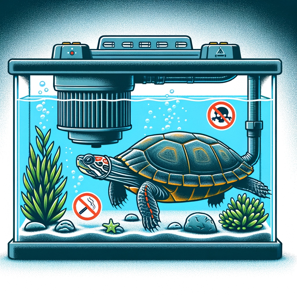 Professional illustration highlighting turtle tank filter risks and aquarium filter dangers, emphasizing on the potential harm to turtles and tankmates, showcasing the impact of filters on turtle health and tankmate safety.