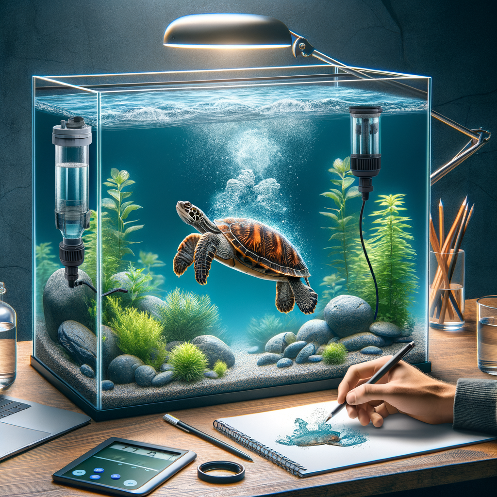 Aquatic turtle care in a professional habitat setup, highlighting the importance of turtle tank filters for maintenance and aquatic turtle health.