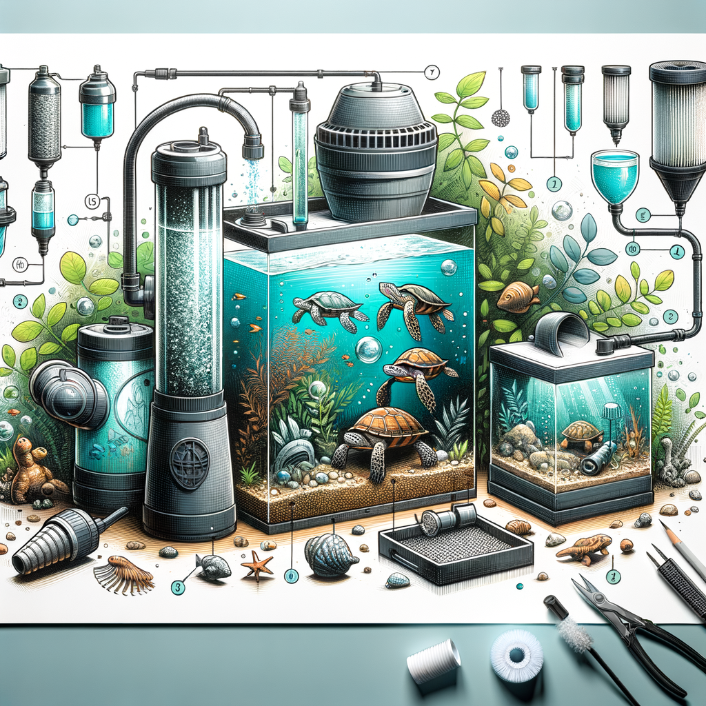 Professional illustration of top-rated turtle tank filters and aquarium filtration systems, demonstrating turtle tank maintenance, water purification, and a guide for filter setup and cleaning for optimal turtle habitat filtration.