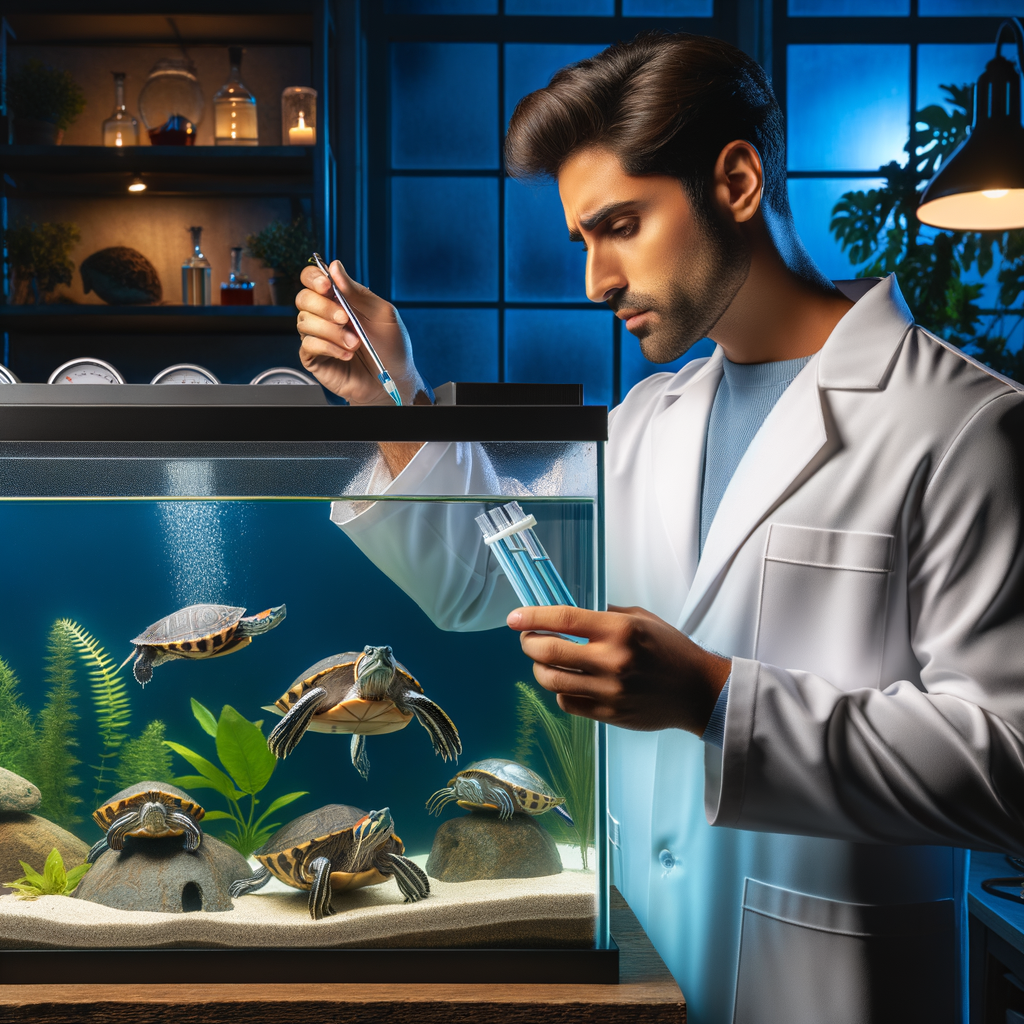 Aquarist monitoring turtle tank water quality using essential tests, emphasizing the importance of regular maintenance and aquarium water testing for optimal turtle habitat conditions.