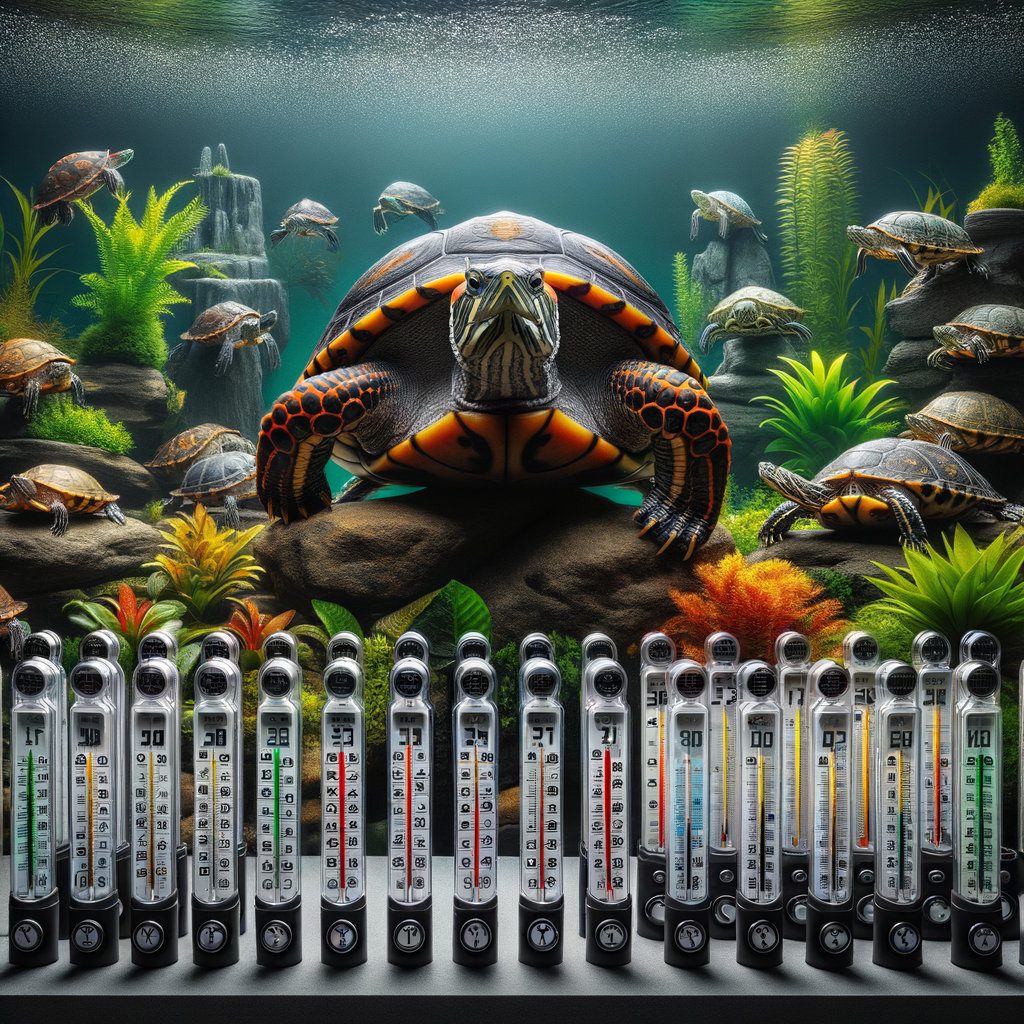Assortment of top-rated turtle tank thermometers for accurately monitoring and maintaining water temperature in a turtle habitat, essential for optimal turtle tank temperature control.