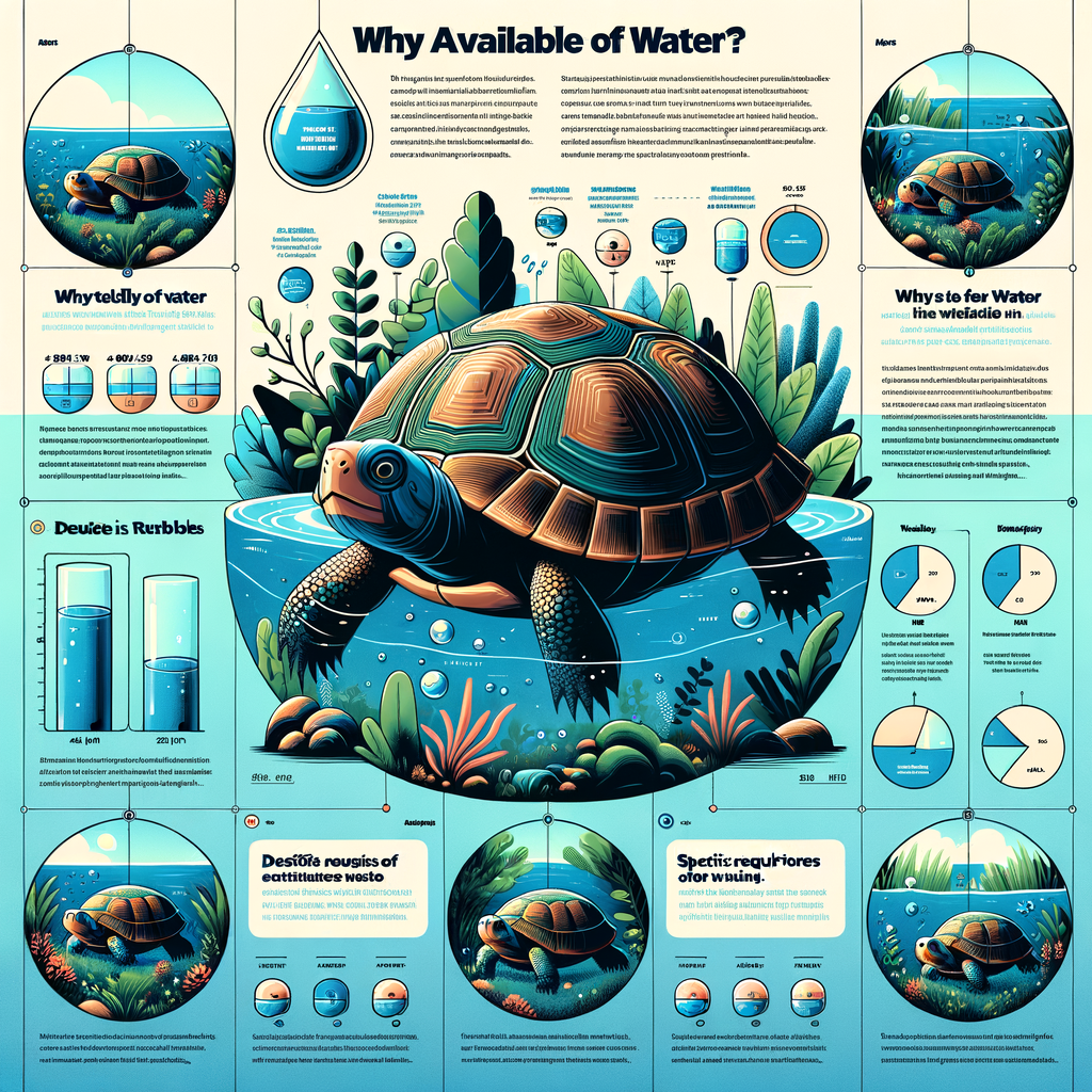 Infographic illustrating turtle care, highlighting the importance of water proximity in a turtle habitat for optimal comfort, demonstrating turtle behavior near water, and outlining water requirements for turtles.