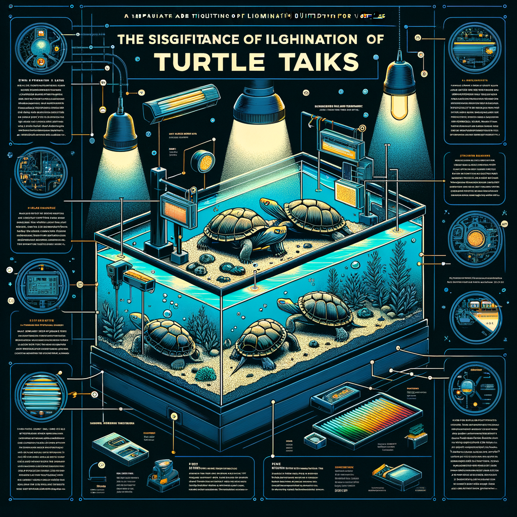 Infographic illustrating the importance of illumination in turtle tanks, aquarium lighting for turtles, best light for turtle tank, lighting requirements, and a step-by-step turtle tank light setup guide emphasizing turtle habitat lighting and turtle tank light importance.