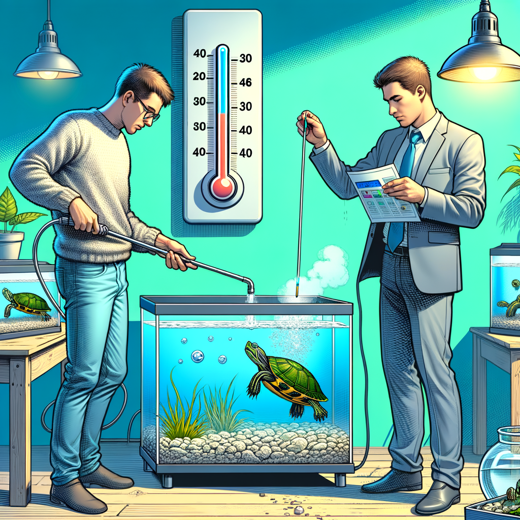 Person using a turtle tank water heater to maintain optimal temperature for turtle tanks, with a thermometer and turtle tank temperature guide for reference