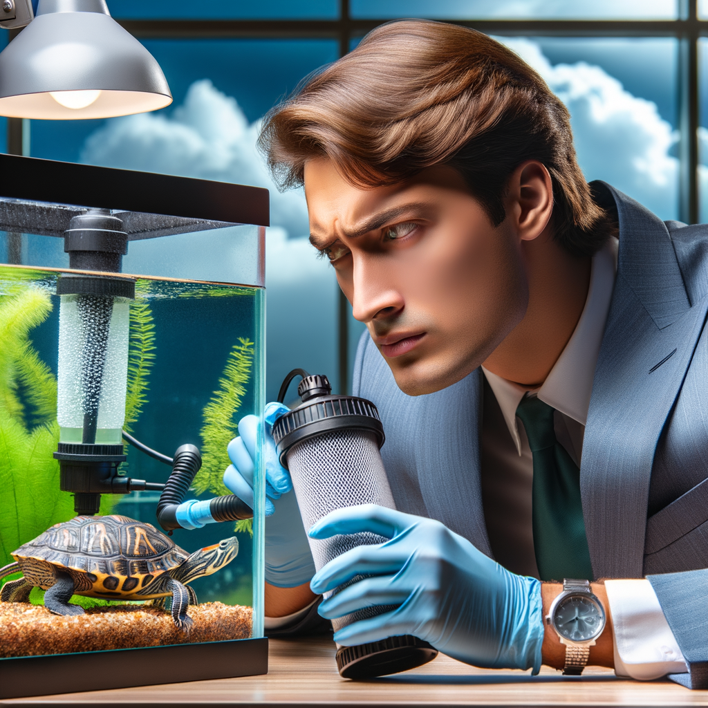 Aquarist introducing new turtle tank filter, demonstrating aquarium filter acclimation for proper turtle tank setup and maintenance