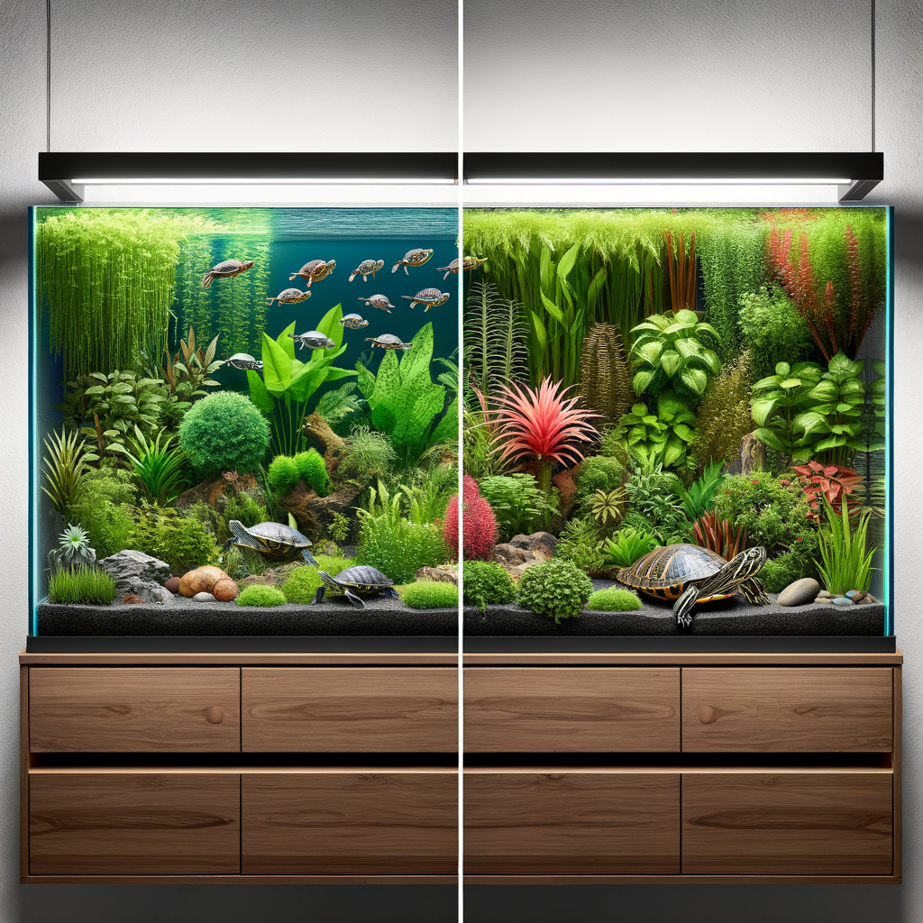 Comparison image illustrating the difference between natural and artificial turtle tank plants for a turtle tank setup, showcasing the benefits of natural plants in turtle tanks for the best turtle habitat decoration.