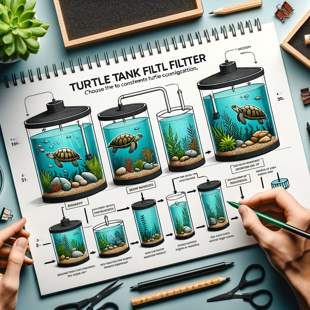 Visual guide on choosing the right turtle tank filter size for various setups, emphasizing turtle tank maintenance and showcasing the best filter system for aquatic turtles.