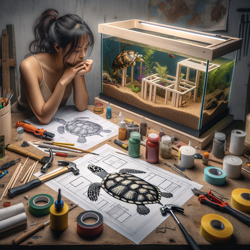 DIY enthusiast conducting a turtle tank renovation, showcasing a turtle habitat transformation from an old tank to a new home conversion, featuring upcycled aquarium, tools, and blueprint for the turtle tank makeover.