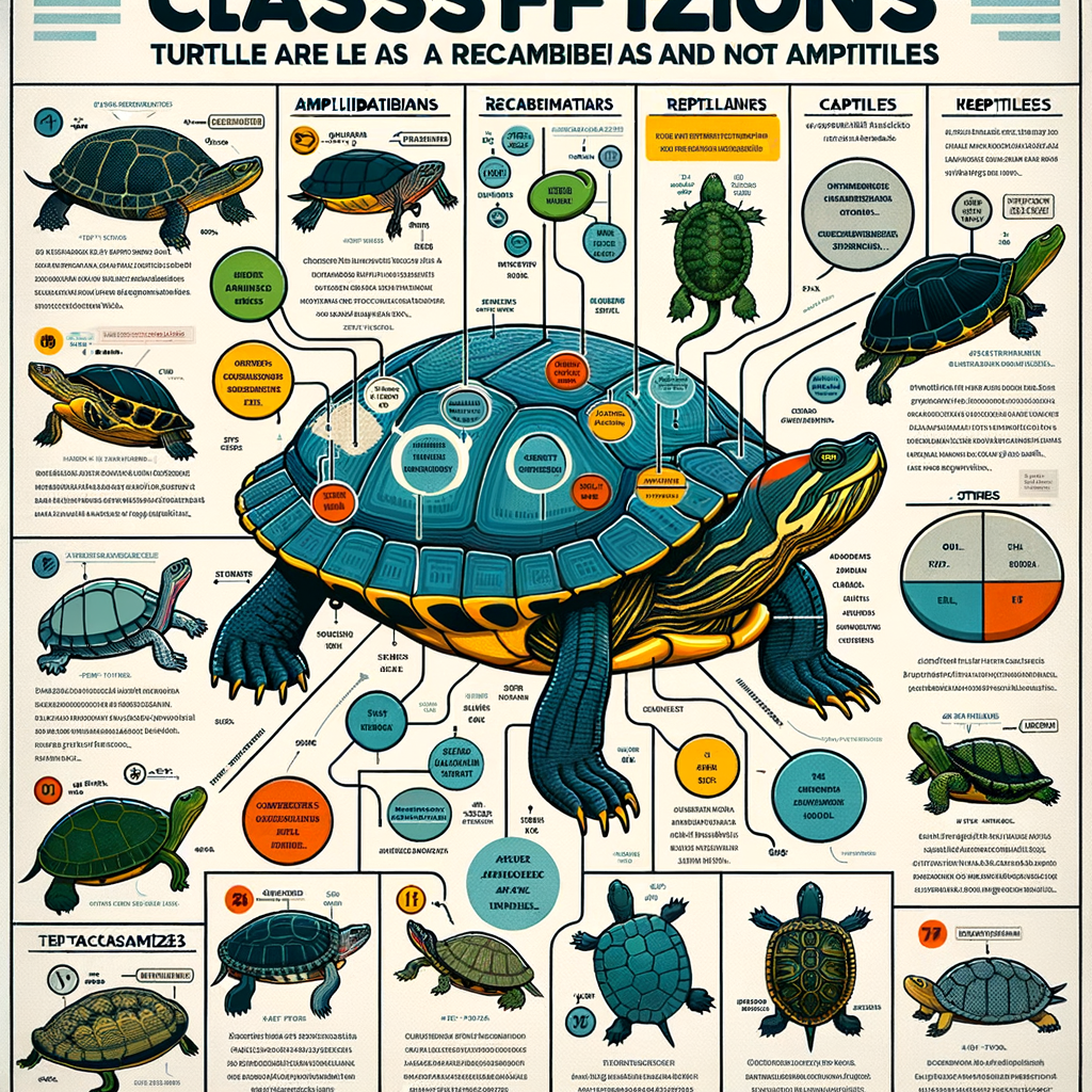 Infographic illustrating the classification of turtles, highlighting the differences between amphibians and reptiles, and showcasing various turtle species to validate turtles as reptiles, not amphibians.