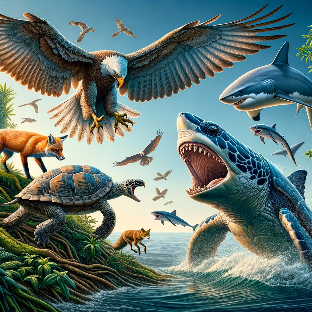Turtle predators including a large bird, fox, and shark in their natural habitat, illustrating the wild turtle threats and the unique turtle predator defense mechanisms for survival in the wild, highlighting the intense turtle predator-prey relationship and dangers to turtles in the wild.
