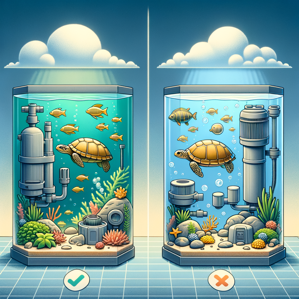 Comparison of turtle tank with and without filters, showcasing the importance and necessity of top-rated turtle tank filters for maintaining water clarity and cleanliness in turtle habitats for optimal turtle tank care and filtration.