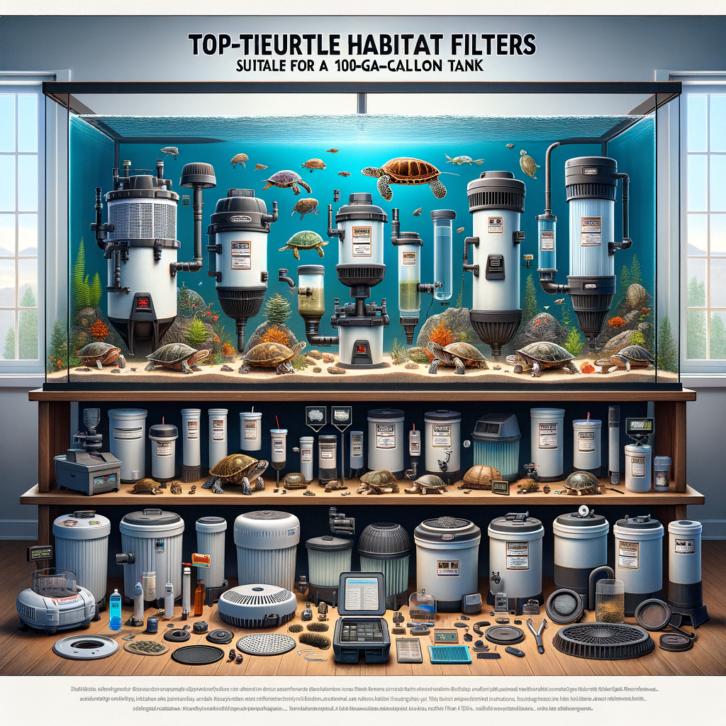 Variety of best turtle habitat filters and essential equipment for large scale, 100-gallon turtle tank setups, showcasing high-capacity aquarium filters for large turtle habitats.