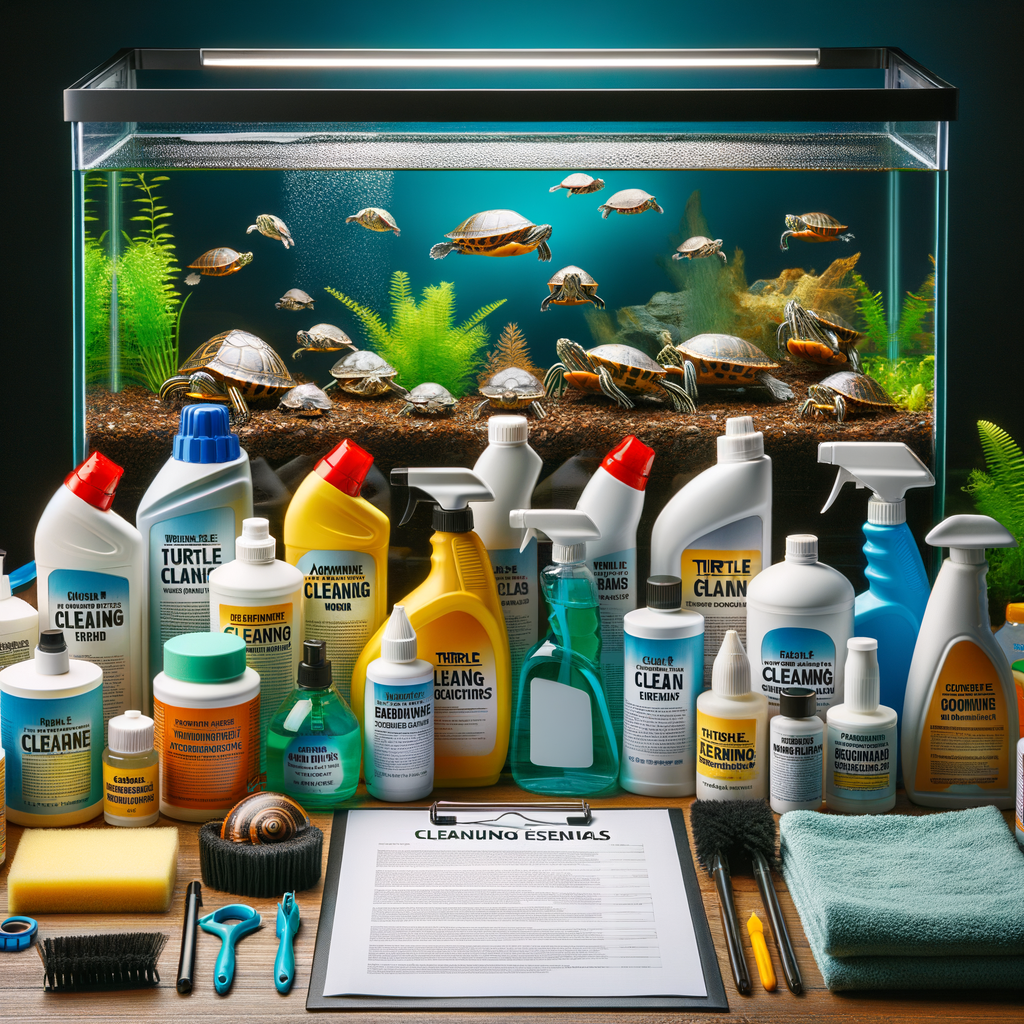 Assortment of turtle tank cleaning products and maintenance essentials including aquarium cleaning solutions and turtle habitat hygiene supplies for maintaining a clean turtle tank.