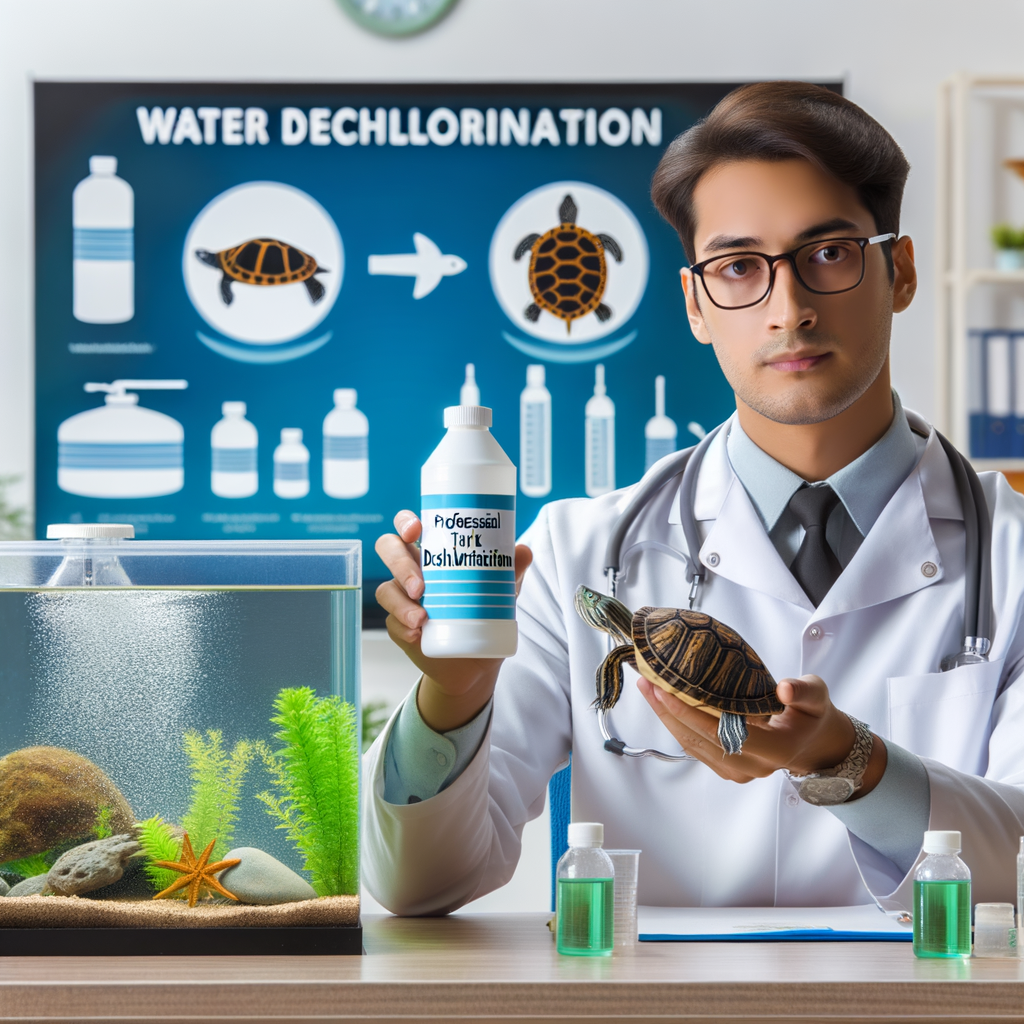 Professional demonstrating best practices for turtle tank water dechlorination and maintenance, using aquarium dechlorination solution to ensure safe water for turtles and emphasizing the importance of turtle tank water treatment and purification.