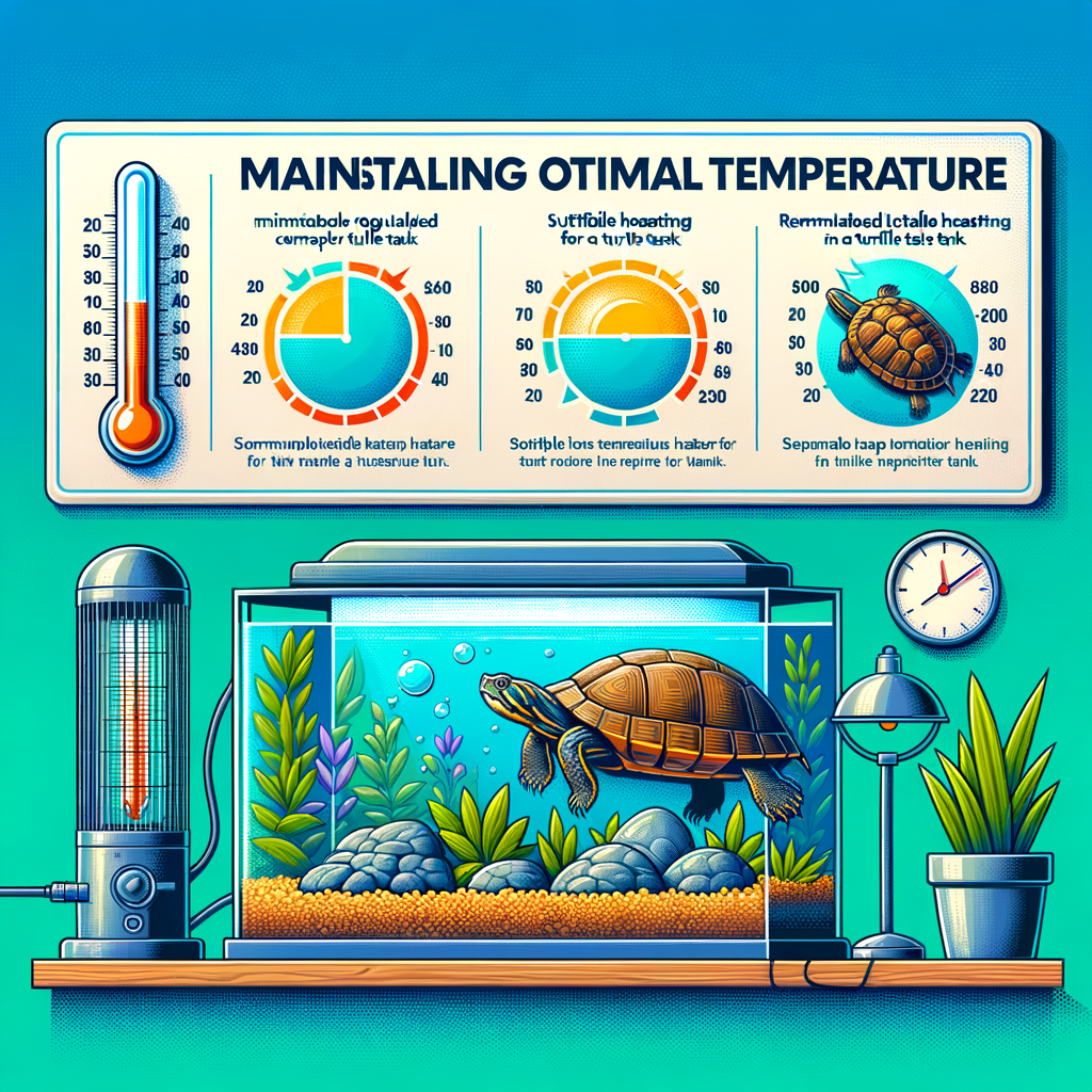 Infographic illustrating a turtle tank heating guide with heating techniques, proper temperature control, turtle tank heaters, and the importance of maintaining heat for keeping turtles warm in their habitat.