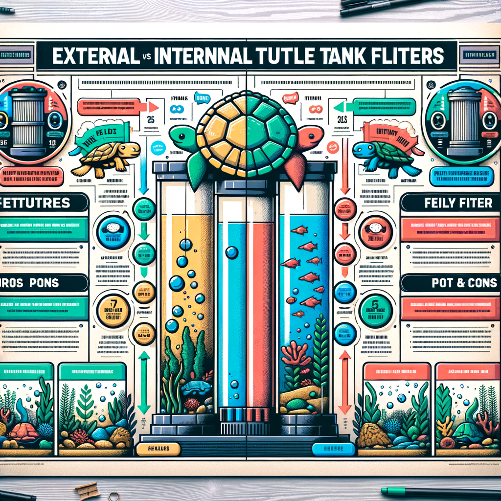 Infographic comparing external and internal turtle tank filters, highlighting differences, pros and cons, and a guide for choosing the best filters for turtle tank maintenance.