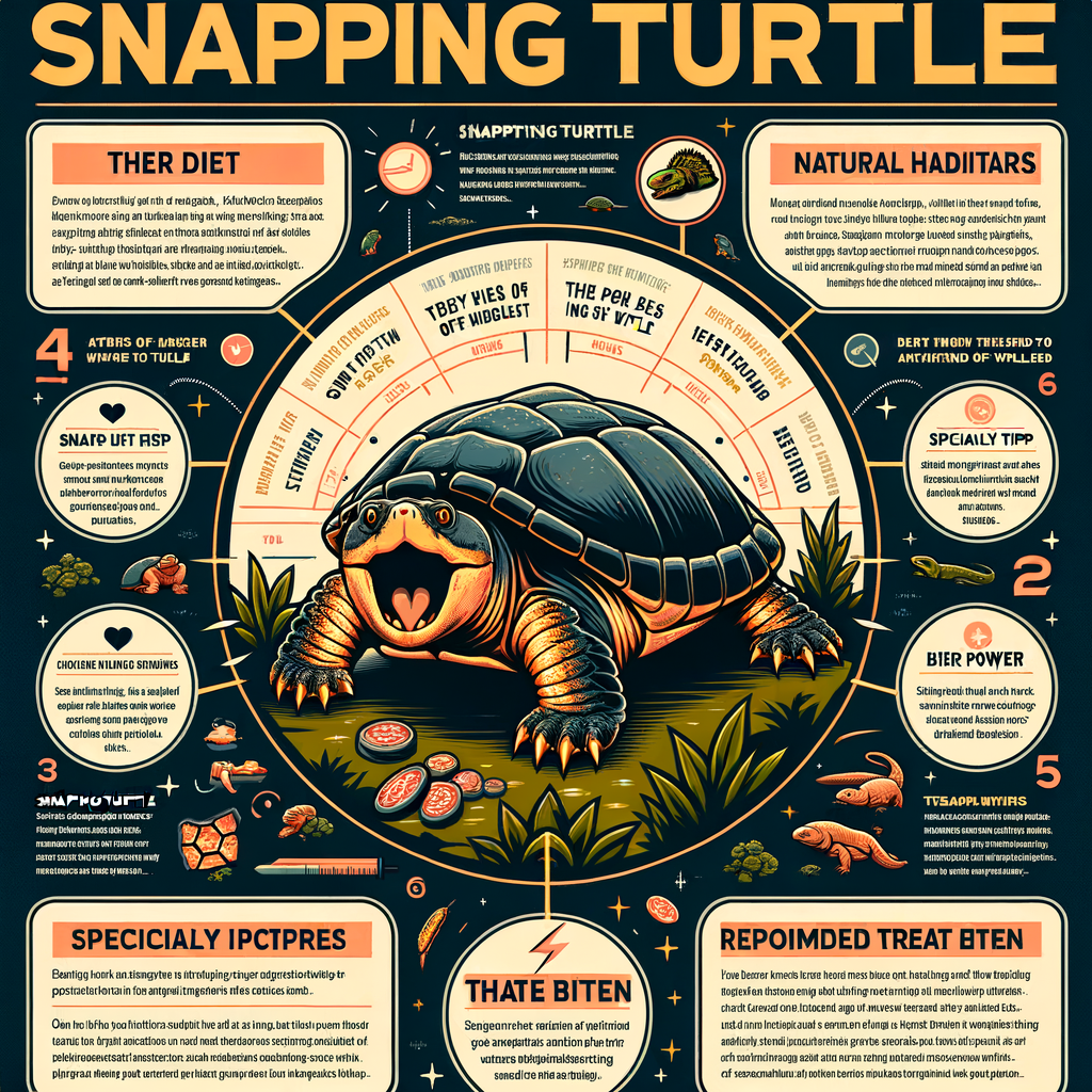 Professional infographic detailing snapping turtle behavior, diet, habitat, facts, and care, with emphasis on the power, effects, and treatment of snapping turtle bites for better understanding of snapping turtles.