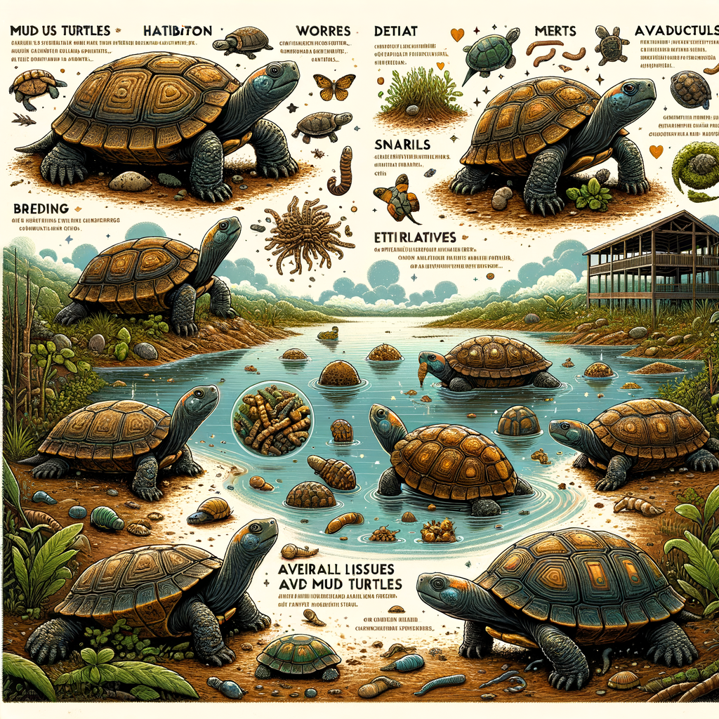 Infographic detailing Mud Turtles care, habitat, diet, lifespan, breeding, behavior, health issues, keeping them as pets, species, and their life in the wild.
