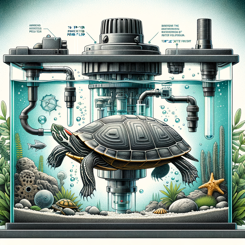 Professional illustration of a turtle tank equipped with a power filter, highlighting the advantages and benefits of power filters for optimal turtle tank maintenance and filtration, essential turtle tank equipment.