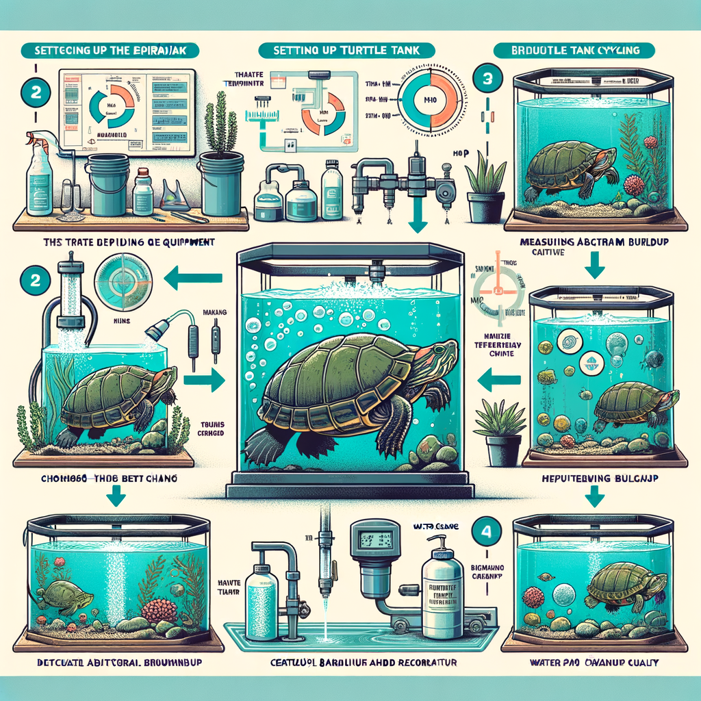 Infographic illustrating the process of turtle tank cycling, maintenance, and care including setting up, water quality management, aquarium cycling, cleaning, water change, and filtration system for optimal turtle habitat setup.