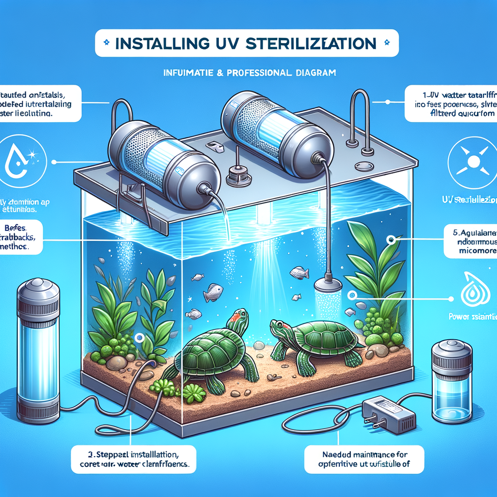 Diagram showing the installation and maintenance of UV Sterilizers for Turtle Tanks, highlighting the benefits and drawbacks, and demonstrating the effectiveness of Aquarium UV Sterilization for Turtle Tank Cleaning.